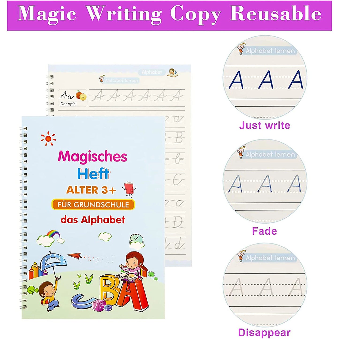 ✨ Magisches Übungsheft Set - Wiederverwendbares Schreibtraining für Kinder